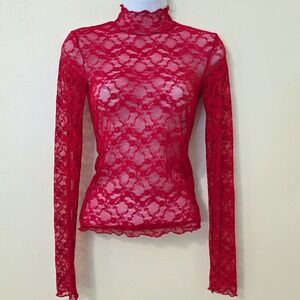 Urban Outfitters Sheer Lace Top Sz S Red Long Sleeve Fitted Lettuce Y2K Goth